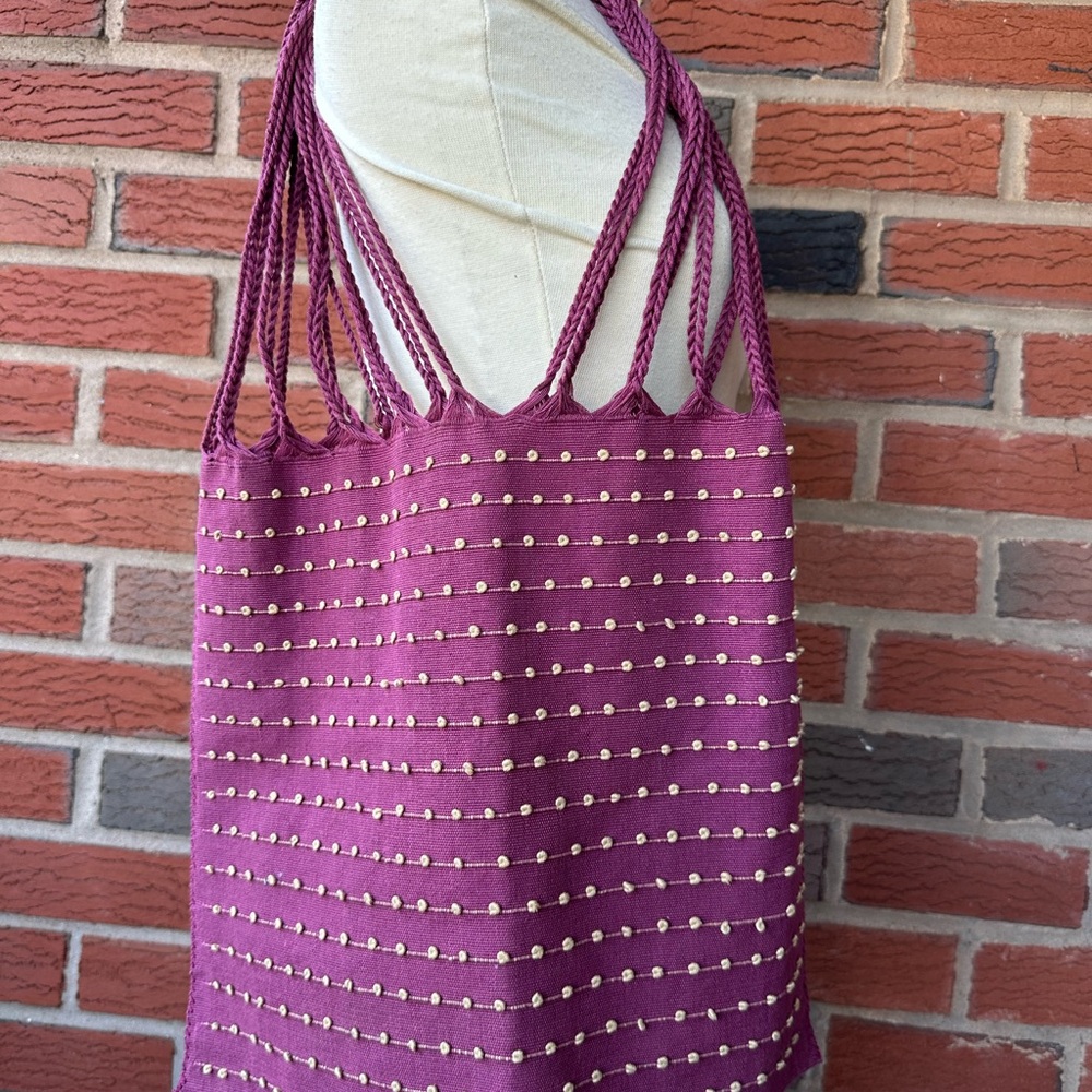 Burgundy & French Knots Tote - 16” x 13.5” - Braided Handles: 12” Drop